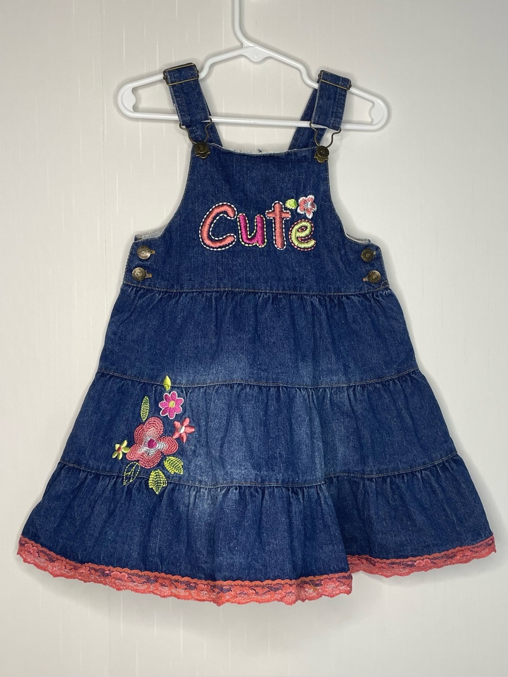VTG Young Hearts Denim Jumper Overall Dress 2T Cute Embroidered Tiered Lace 2T